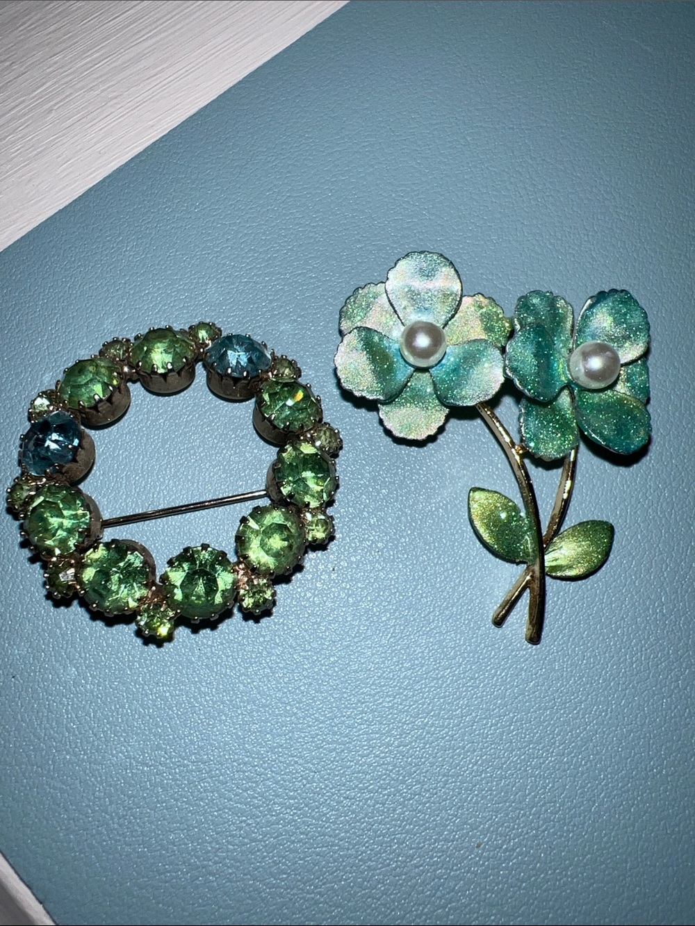 Green Floral Pearl & Crystal Brooch Duo